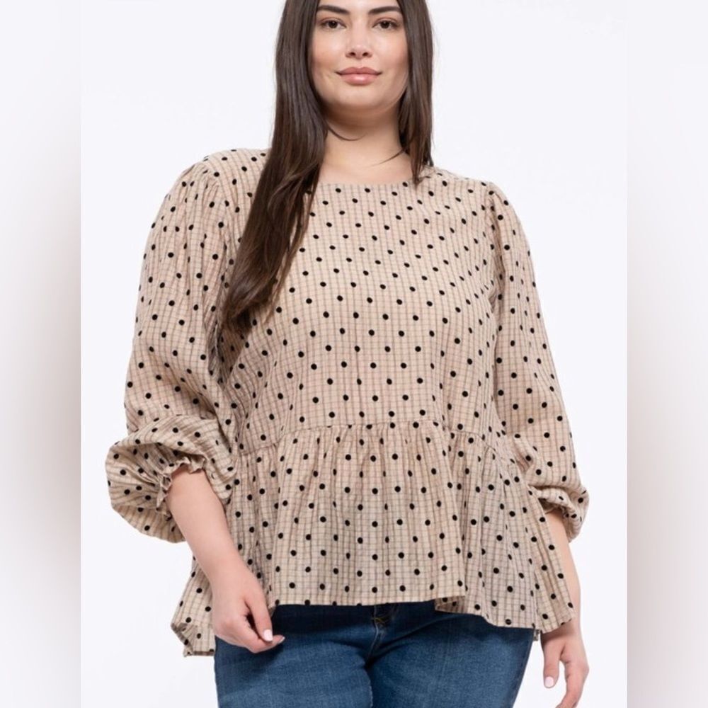 PERCH By BLU PEPPER Polka Dot Blouse with Ruffle Bottom and Back Tie Size 1XL